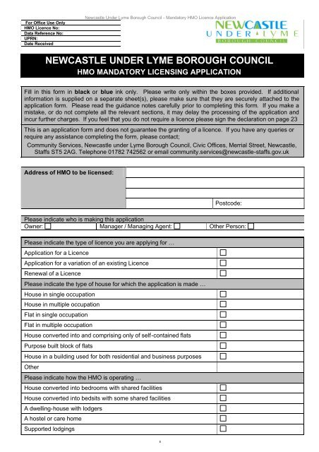 HMO Licence Application Form Newcastle under Lyme Borough