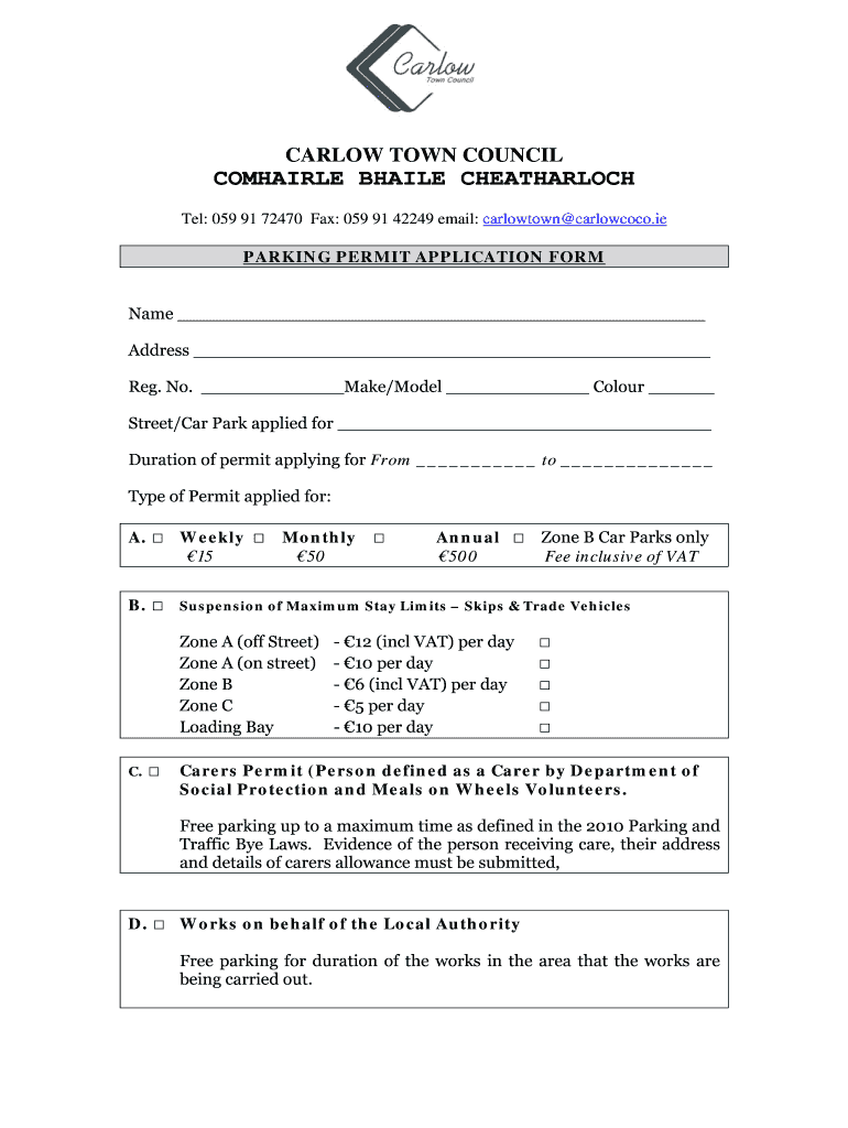 IE Carlow Town Council Parking Permit Application Form Fill And Sign 