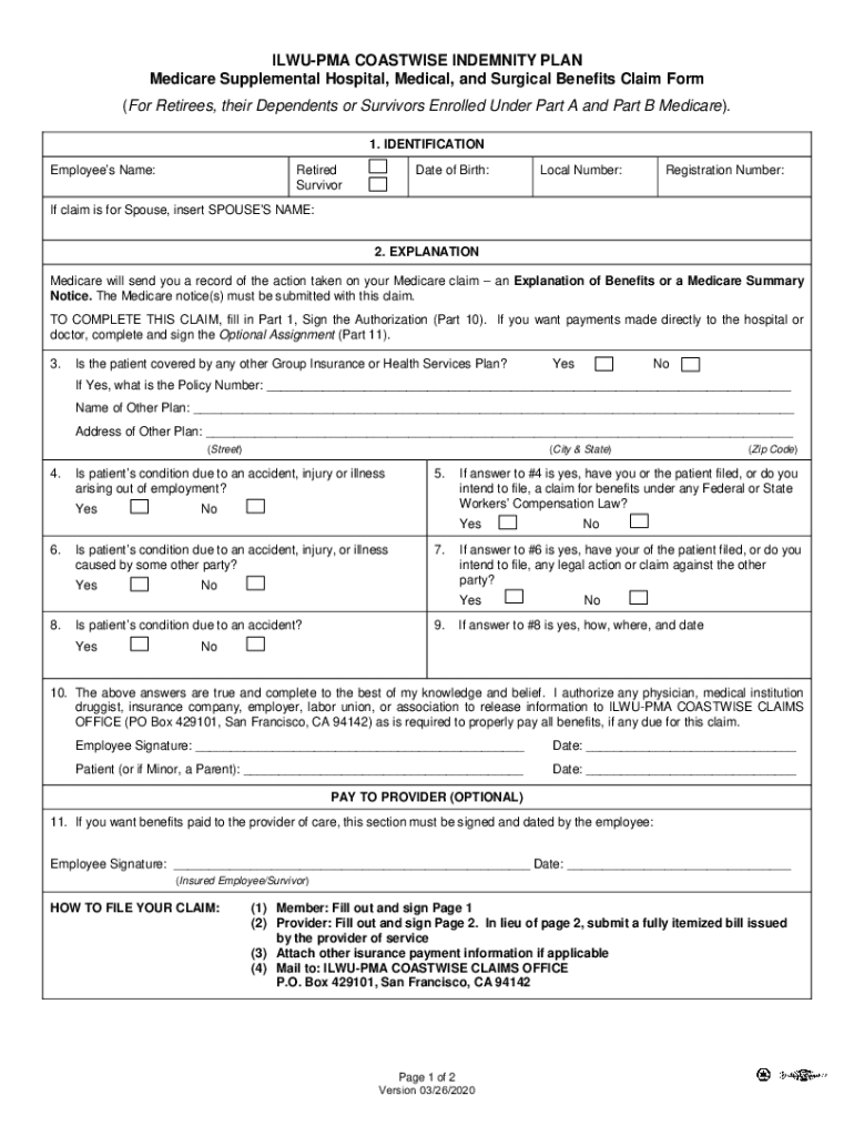 ILWU PMA COASTWISE INDEMNITY PLAN Medicare Supplemental Fill Out 