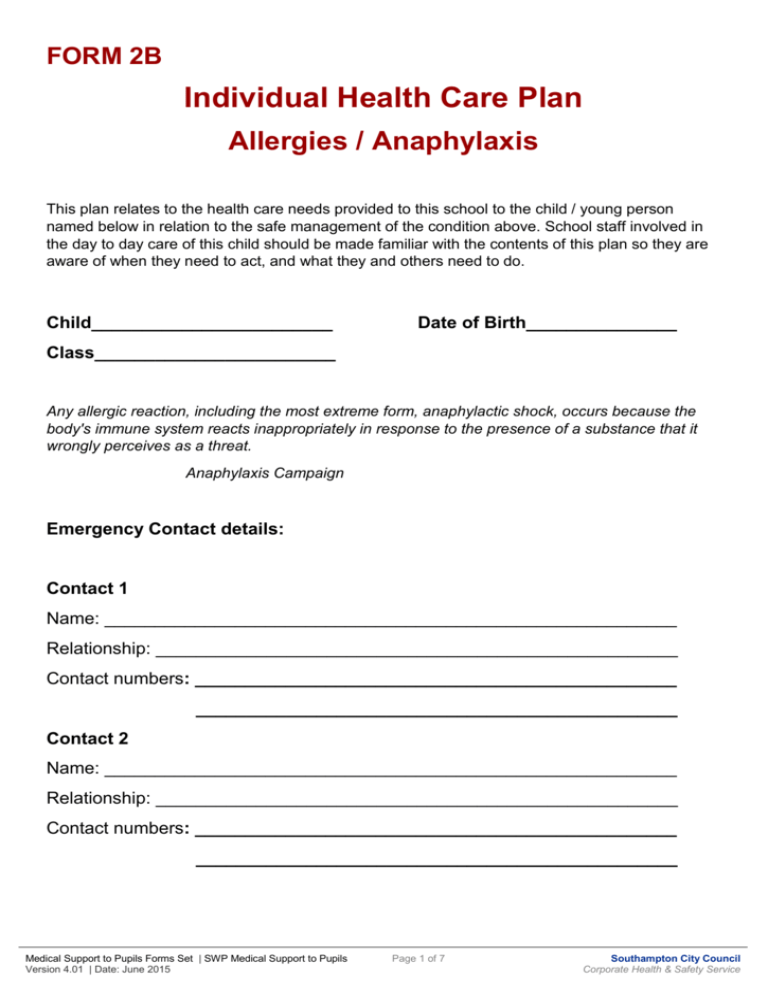 Individual Health Care Plan Allergies