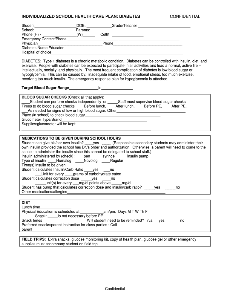 Individualized School Health Care Plan Diabetes Fill And Sign