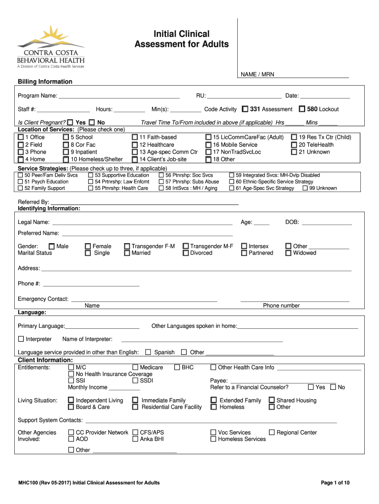 Initial Clinical Assessment Adult Template Contra Costa Fill Out And 