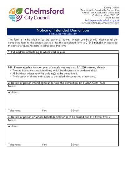 Intended Demolition Form Chelmsford Borough Council