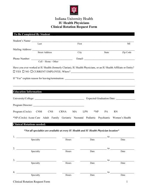 IU Health Physicians Clinical Rotation Request Form