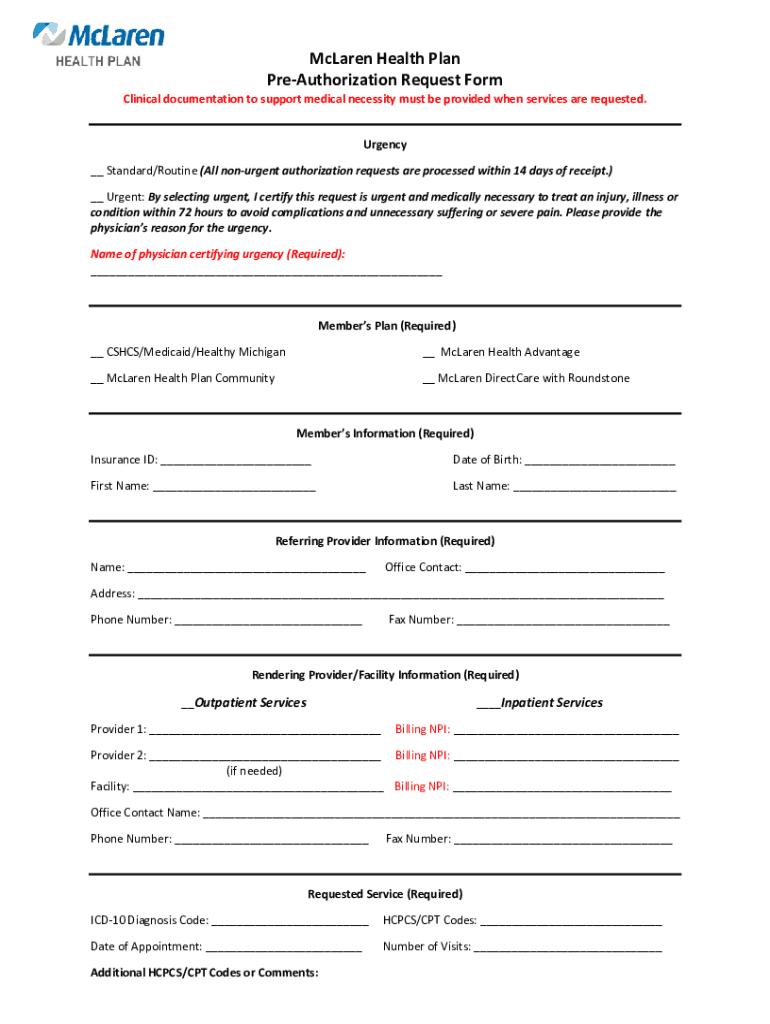 Mclaren Prior Authorization Form Fill Out And Sign Printable PDF