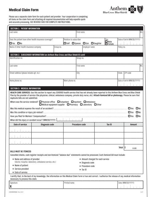 Medical Claim Form BCBS