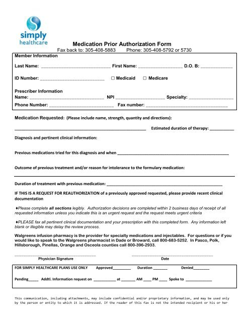 Medication Prior Authorization Form Simply Healthcare Plans