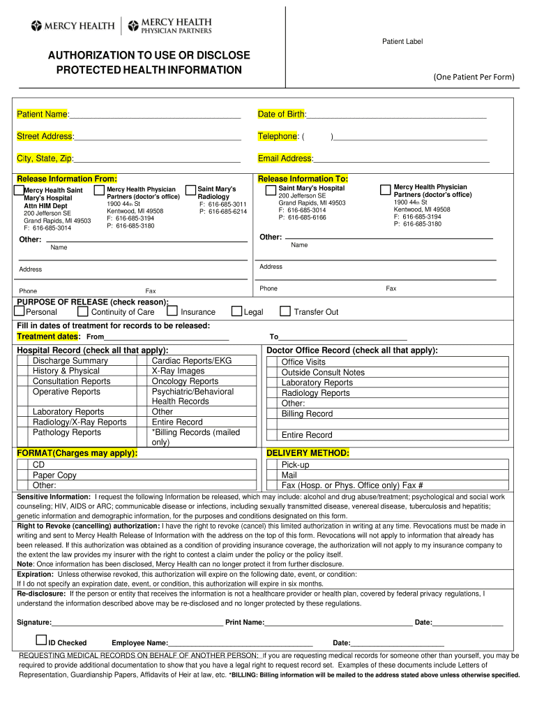 Mercy Health Authorization To Use Or Disclose Protected Health