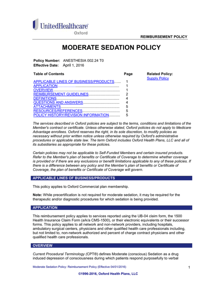 Moderate Sedation Oxford Health Plans