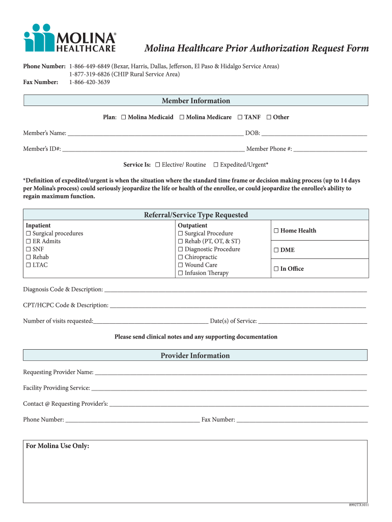 Molina Authorization Form Fill Online Printable Fillable Blank