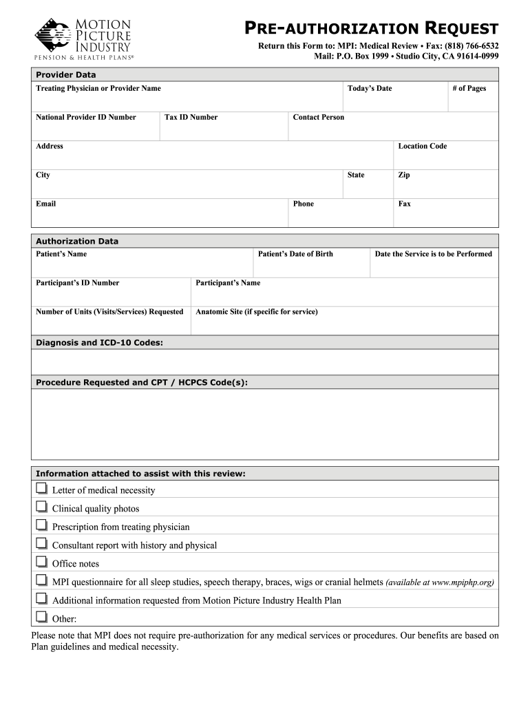 MPI Pre Authorization Request Fill And Sign Printable Template Online 