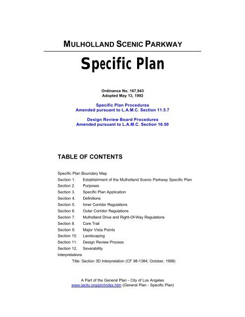 MULHOLLAND SCENIC PARKWAY Specific Plan Los Angeles