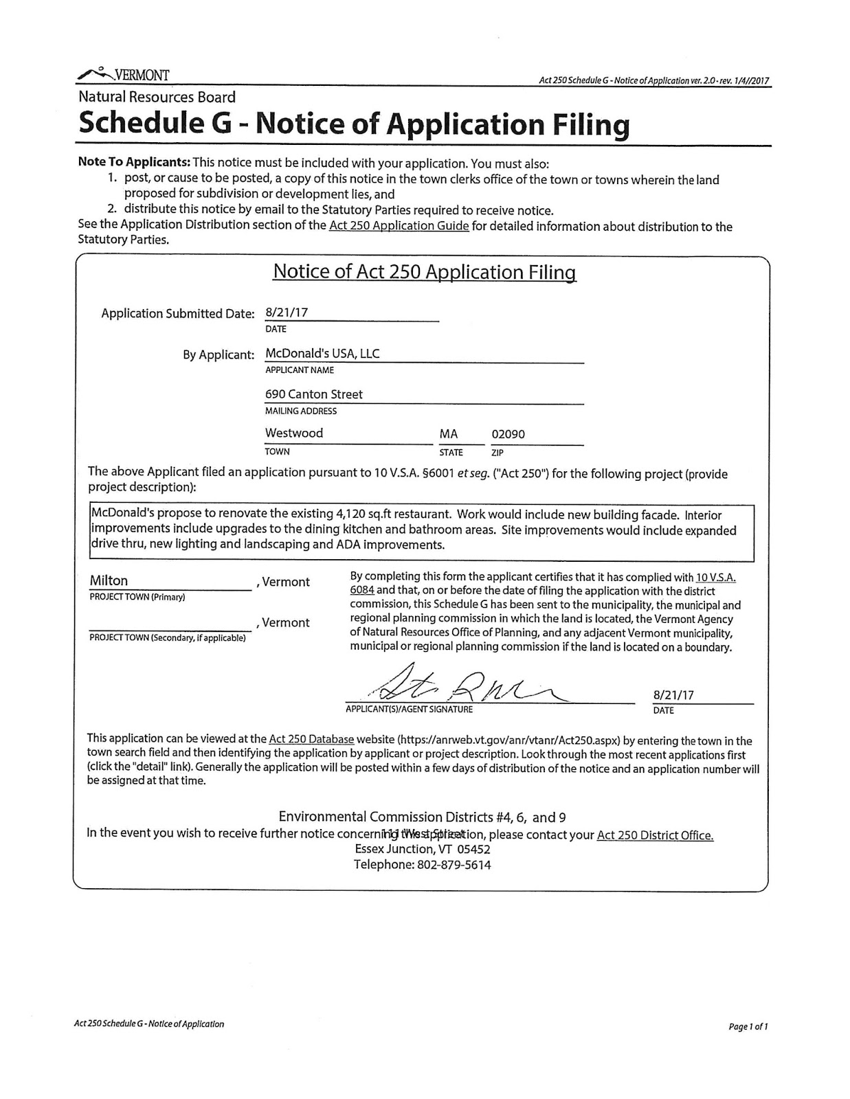 My milton VT Planning News Act 250 Application Notice