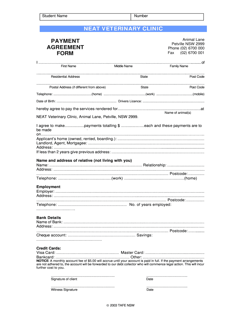 NEAT VETERINARY CLINIC PAYMENT AGREEMENT FORM 2020 2022 Fill And Sign 