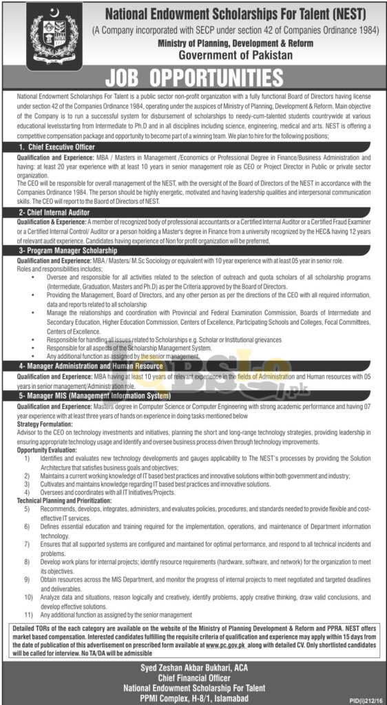 NEST Ministry Of Planning Reforms And Development Jobs July 2016 Online 