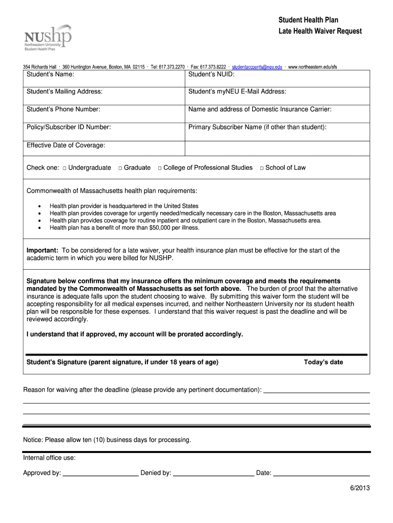 NEU Late Health Waiver Request 2013 Fill And Sign Printable Template