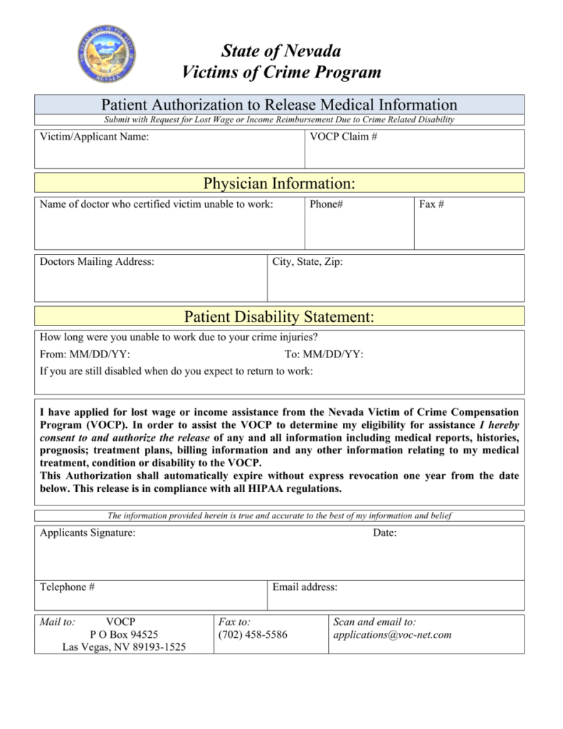 Nevada Patient Authorization To Release Medical Information Download 