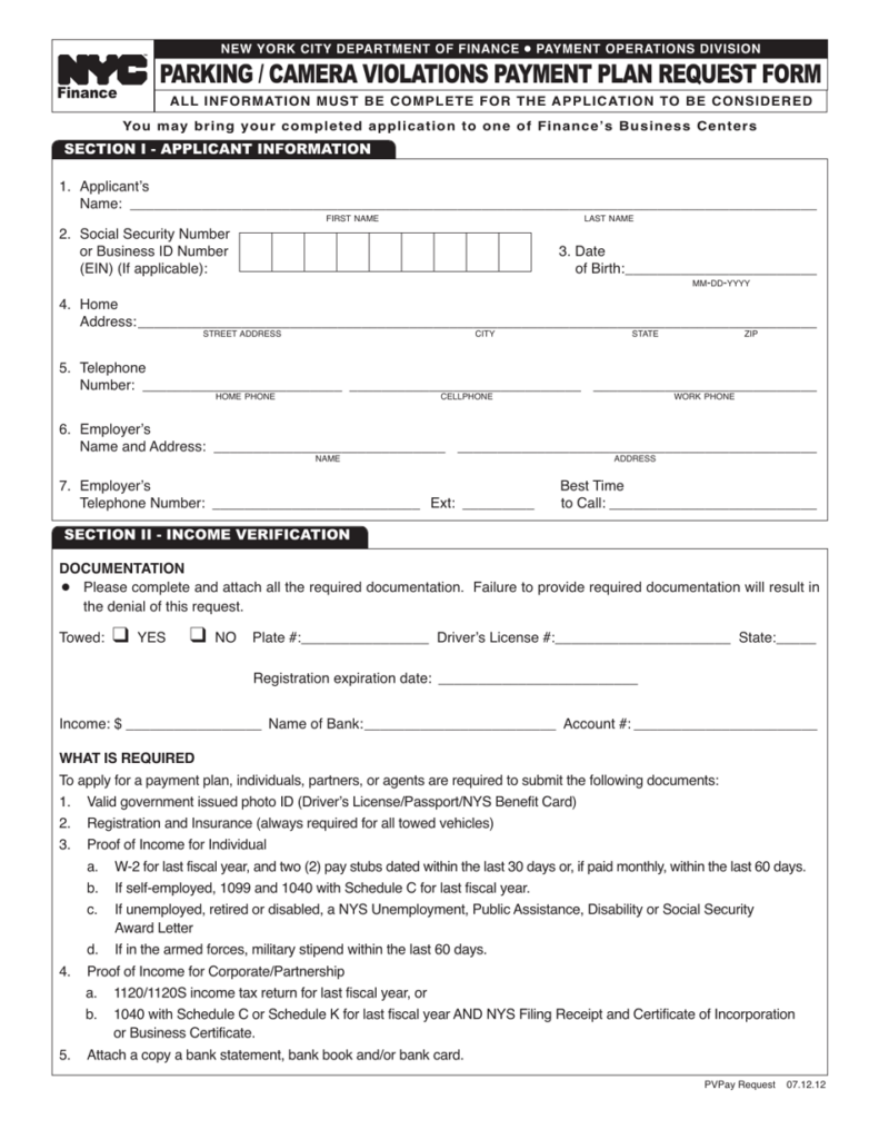 New York City Parking Camera Violations Payment Plan Request Form 