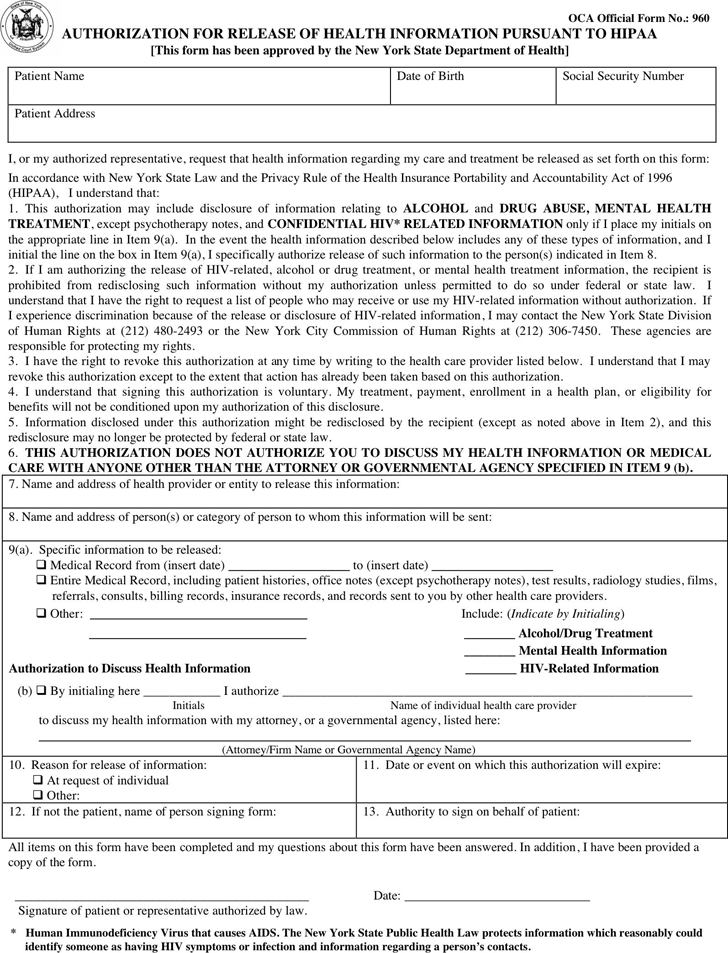 New York Health Information Release Form Download Free Printable Blank 