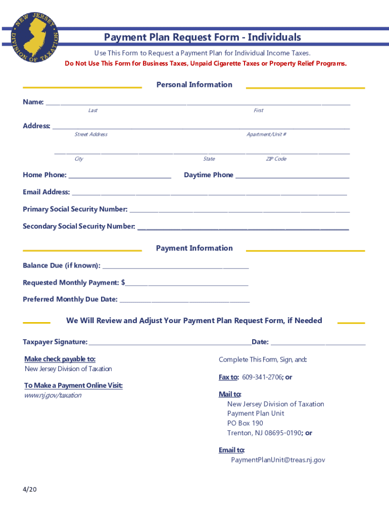 Nj Tax Payment Plan Form Fill Out And Sign Printable PDF Template