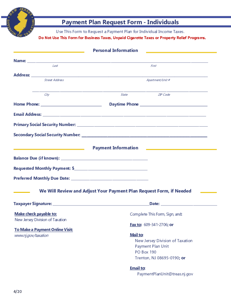 Nj Tax Payment Plan Form Fill Out And Sign Printable PDF Template 