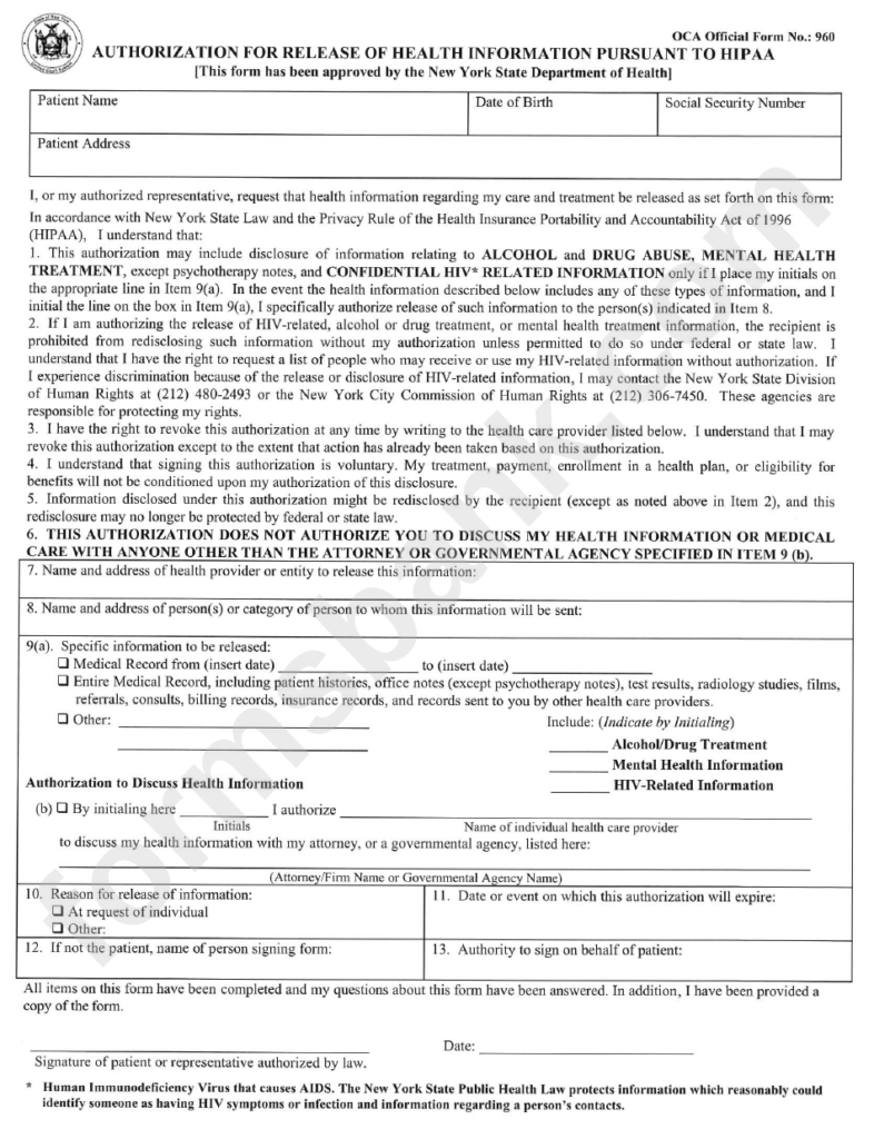 Oca Official Form 960 Authorization For Release Of Health Information 