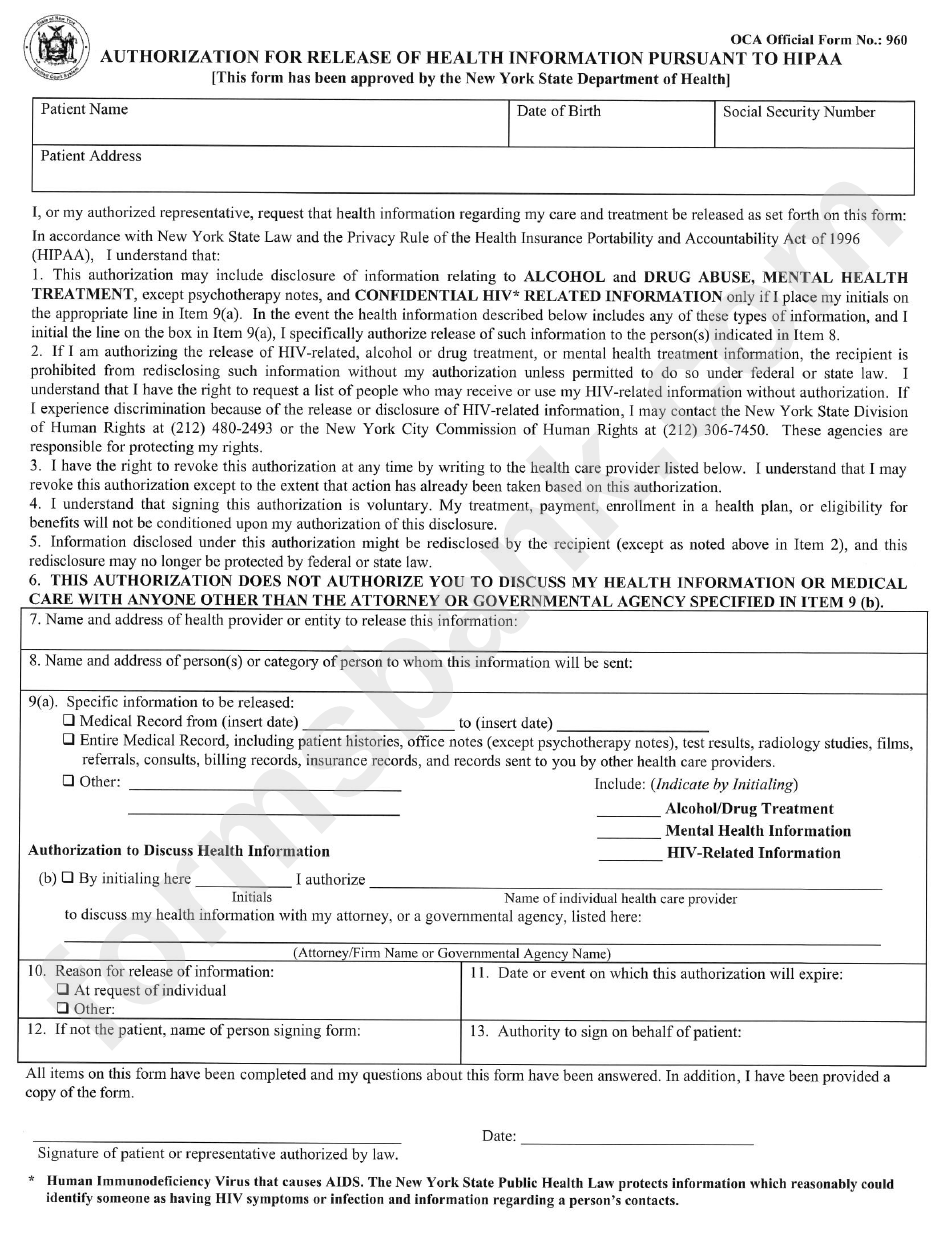 Oca Official Form 960 Authorization For Release Of Health Information 