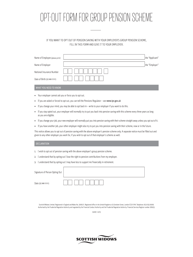 Opt Out Form For Group Pension Scheme Scottish Widows Fill Out