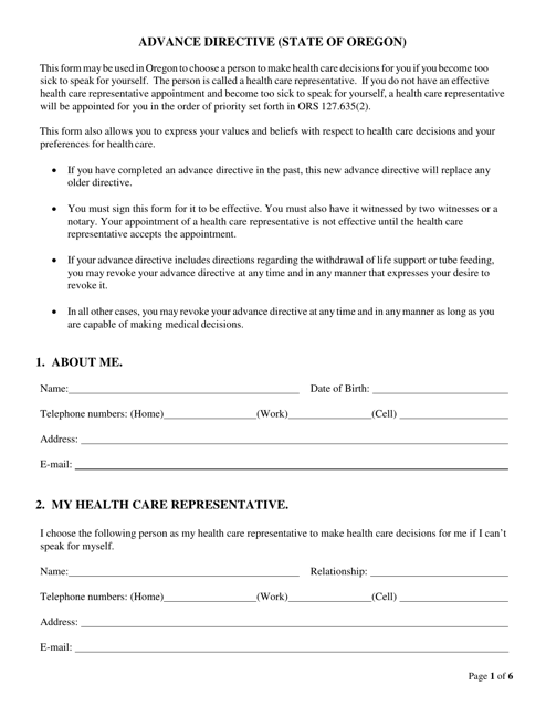 Oregon Advance Directive For Health Care Form Download Printable PDF 