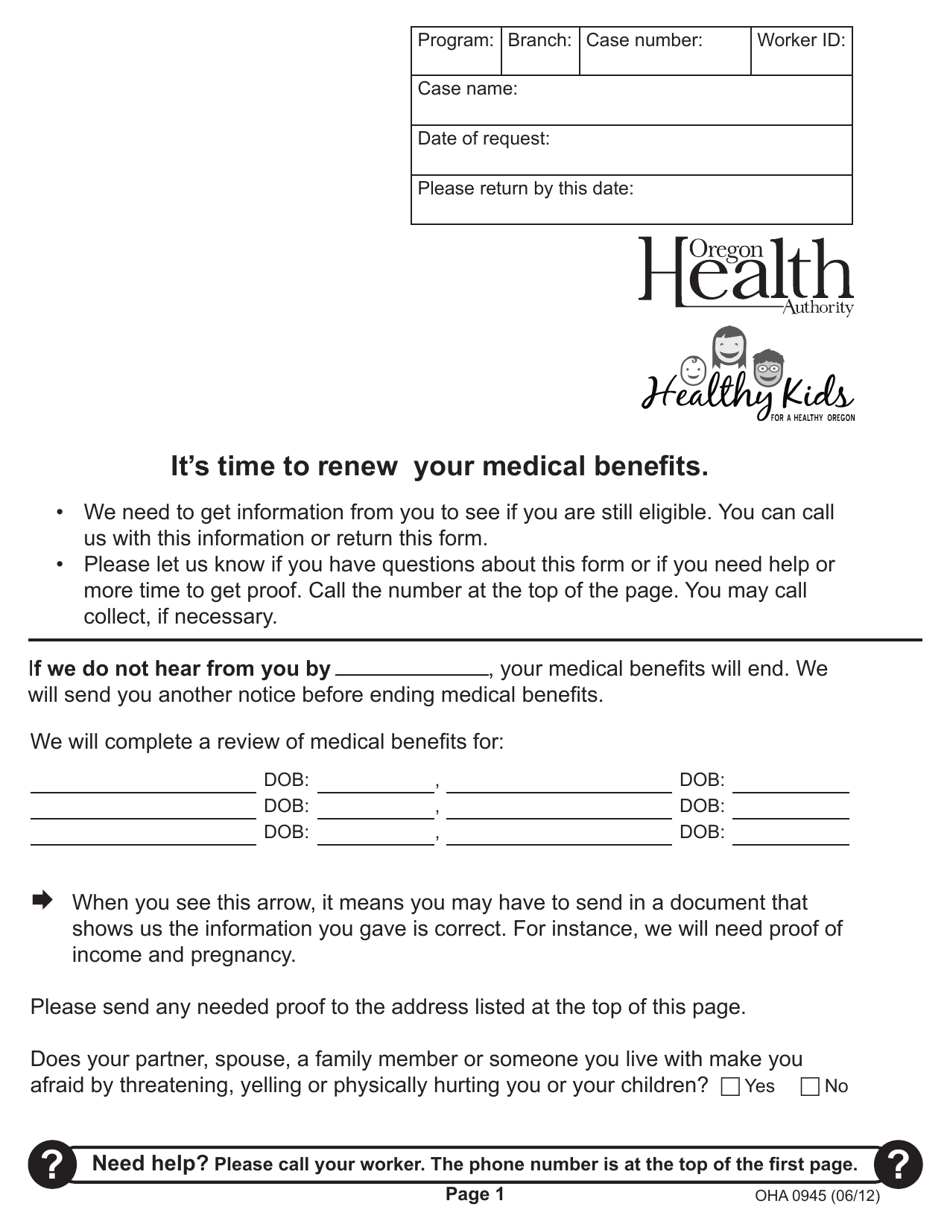 Oregon Medical Benefits Renewal Form Download Printable PDF 