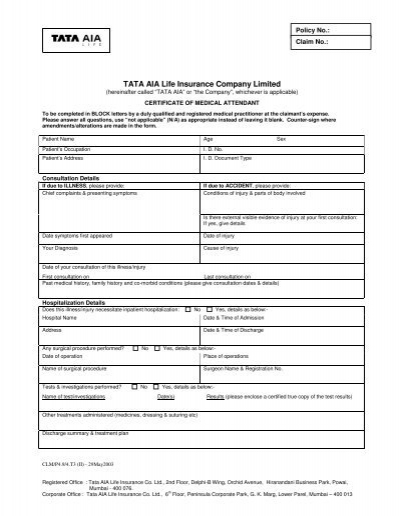 Part II Accident Hospitalisation Claim Form Tata AIA Life Insurance