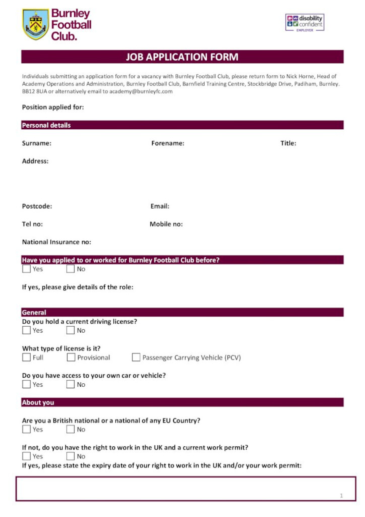  PDF Academy Job Application Form BFC Burnley 1 JOB APPLICATION 