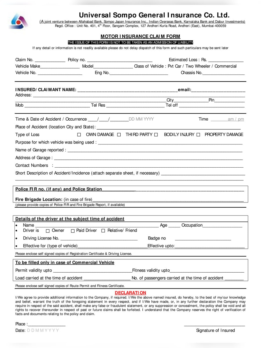  PDF Universal Sompo Motor Insurance Claim Form PDF Download InstaPDF