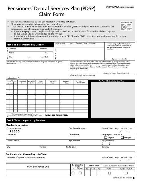 Pensioners Dental Services Plan PDSP Claim Form