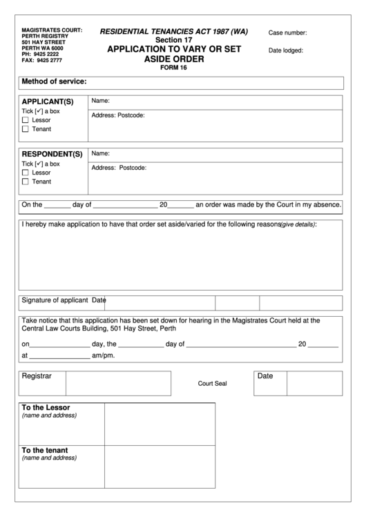 Perth Form 16 Application To Vary Or Set Aside Order Printable Pdf