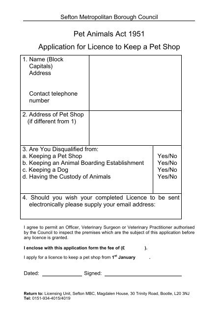 Pet Shop Application Form Sefton Council