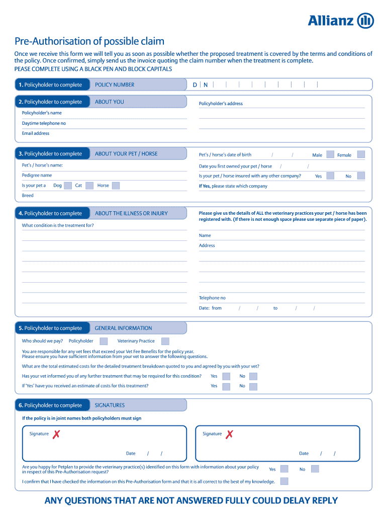 Petplan Pre Authorisation Form Fill Out Sign Online DocHub