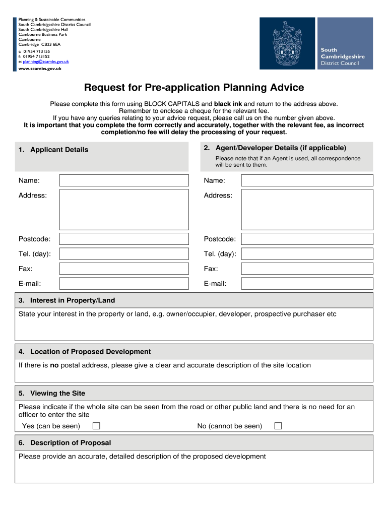 Planning Pre Application Form South Cambridgeshire District Fill 