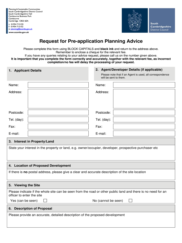 Planning Pre Application Form South Cambridgeshire District Fill