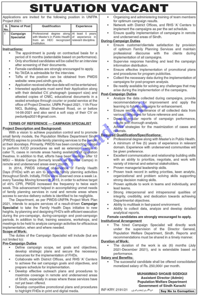 Population Welfare Department Sindh Jobs 2021 Advertisement Jobs In 