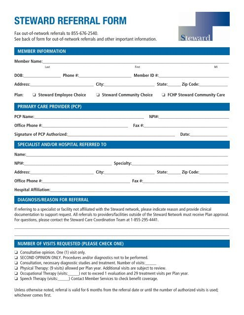 Print The Steward Referral Form Tufts Health Plan