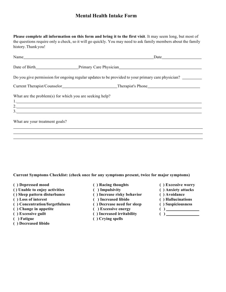 Printable Mental Health Intake Form Template Printable Templates