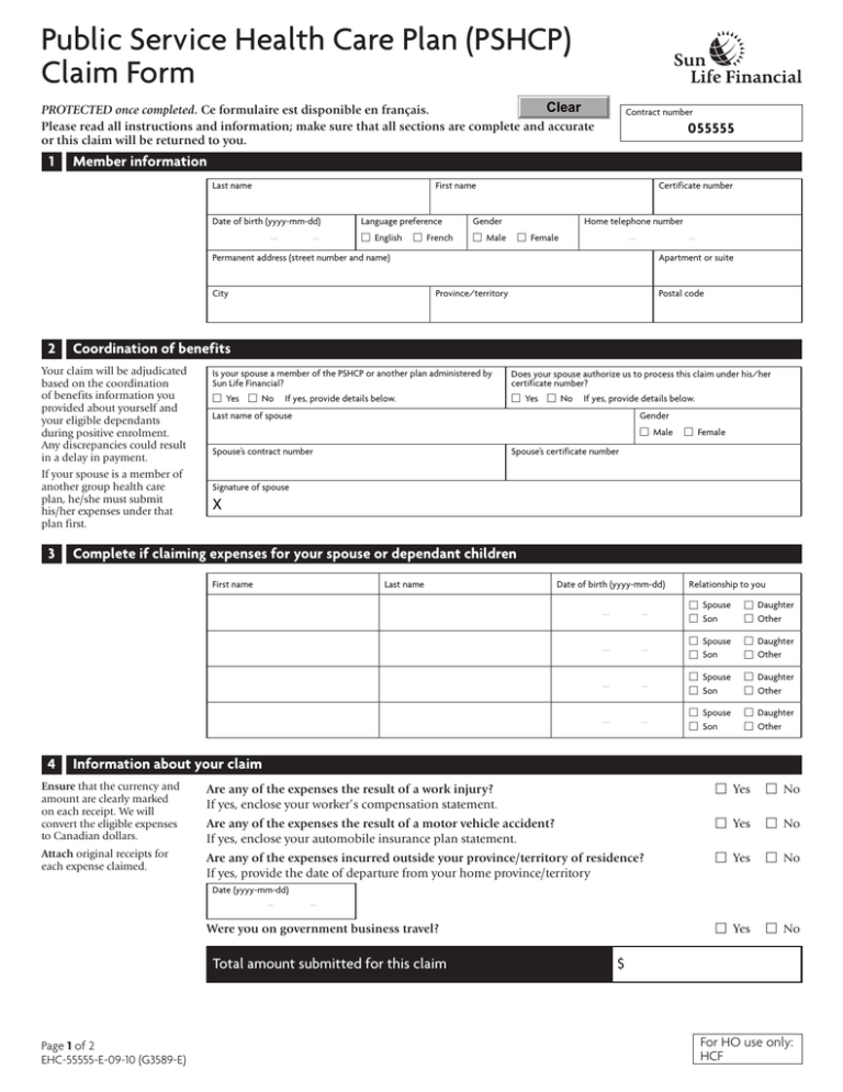 Public Service Health Care Plan PSHCP Claim Form 055555