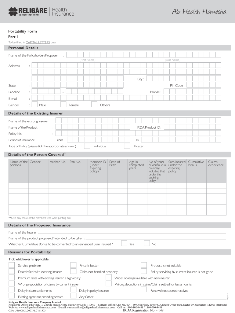 Religare Health Insurance Portability Form 2019 2021 Fill And Sign