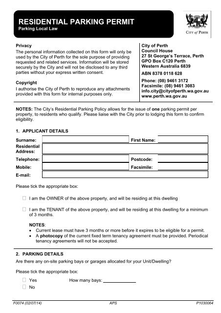 Residential Parking Permit Application Form City Of Perth