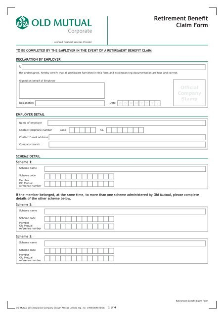 Retirement Benefit Claim Form Old Mutual