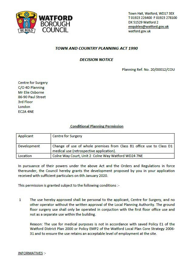 Retrospective Application For Change Of Use B1 To D1 Watford