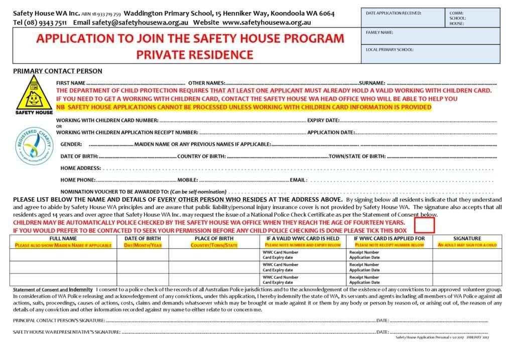 Safety Householder Application Form PERSONAL Port Kennedy Primary School