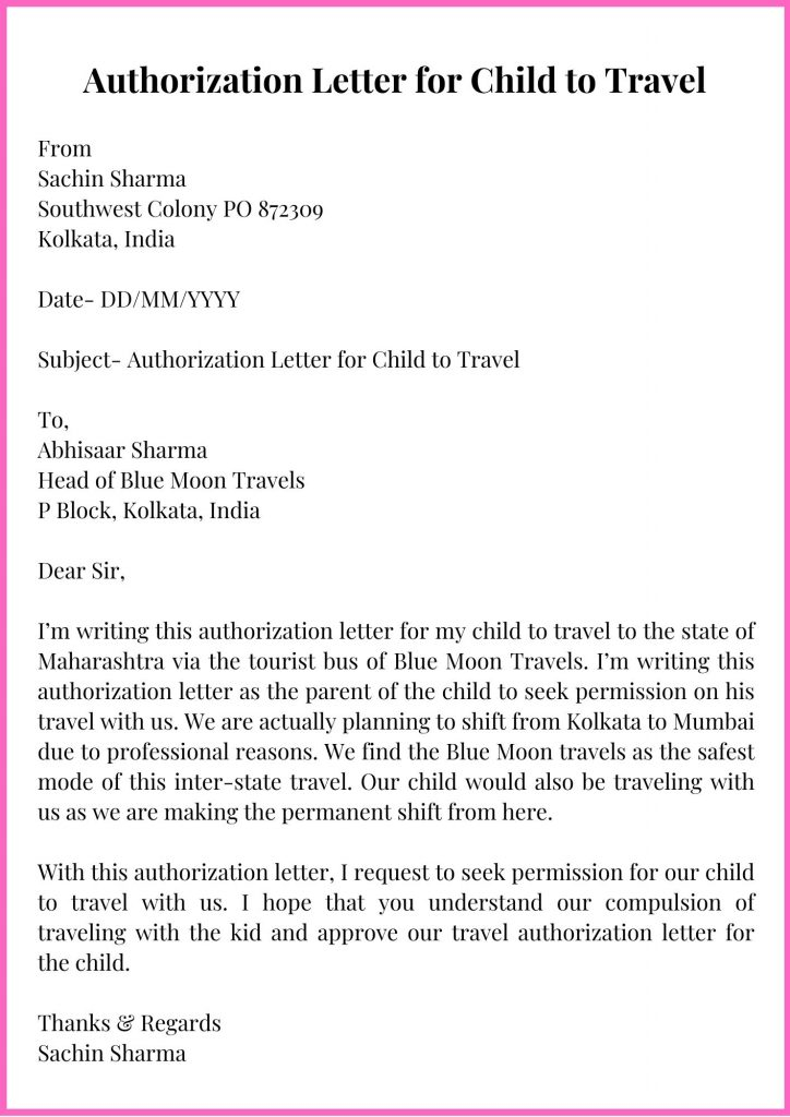 Sample Authorization Letter For Child To Travel With Example