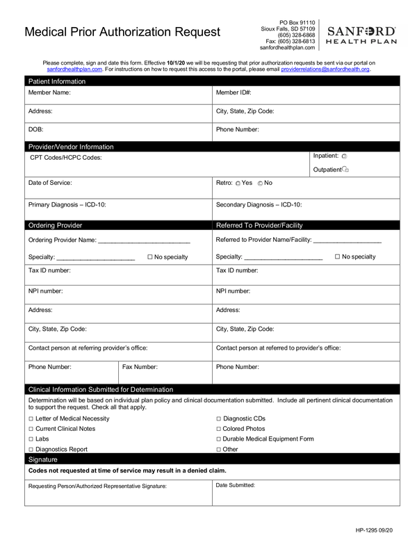 Sanford Health Plan Ndpers Prior Authorization Form PlanForms